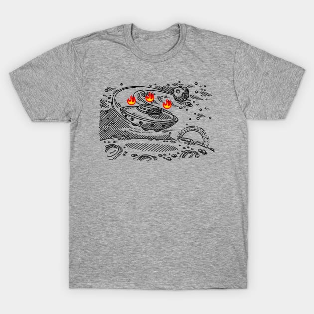 Flying Saucer Approaching Fire Planet T-Shirt by Hogan